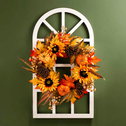 24"D Yellow/Orange Sunflower Wreath with 36"H Wooden Window Frame