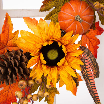 24"D Yellow/Orange Sunflower Wreath with 36"H Wooden Window Frame