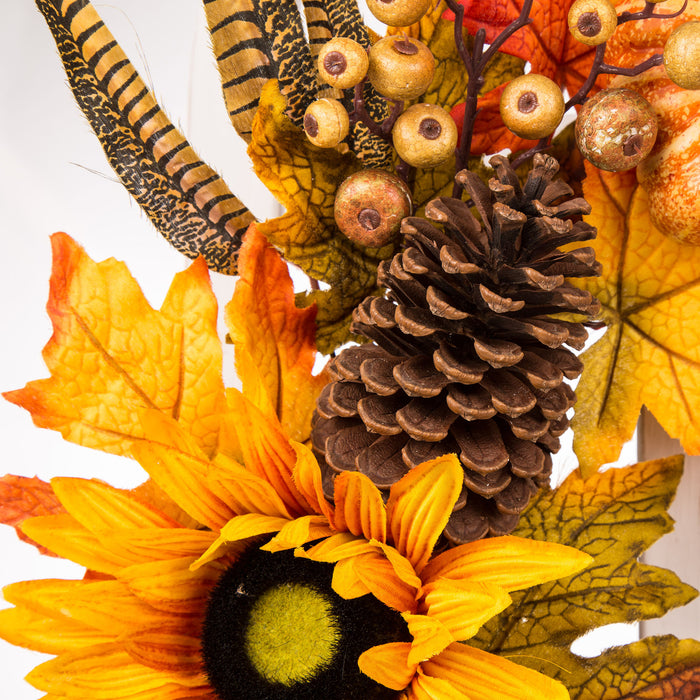 24"D Yellow/Orange Sunflower Wreath with 36"H Wooden Window Frame