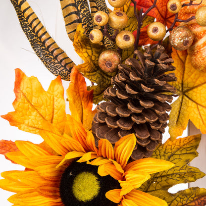 24"D Yellow/Orange Sunflower Wreath with 36"H Wooden Window Frame
