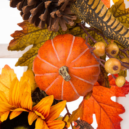 24"D Yellow/Orange Sunflower Wreath with 36"H Wooden Window Frame