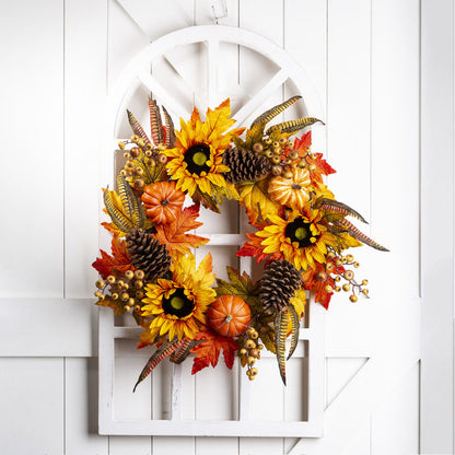 24"D Yellow/Orange Sunflower Wreath with 36"H Wooden Window Frame