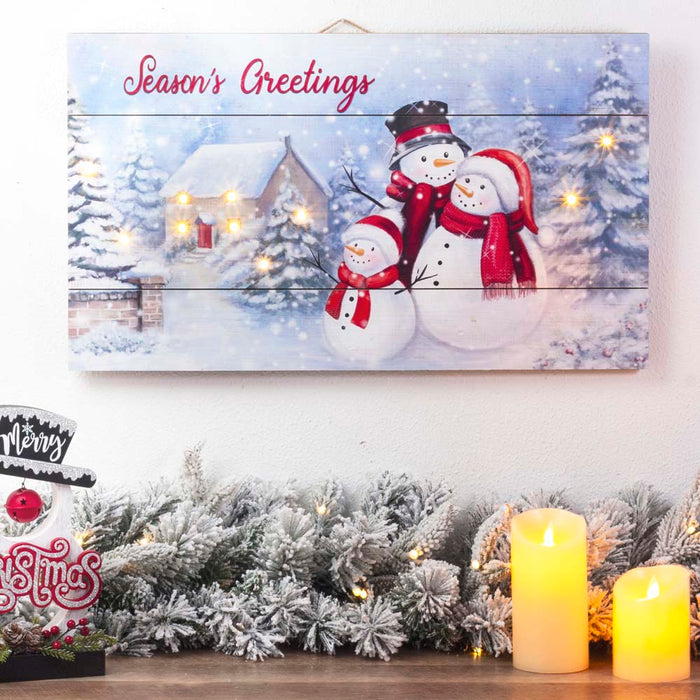 24"L Christmas Lighted Wooden Snowman Wall Hanging Decor