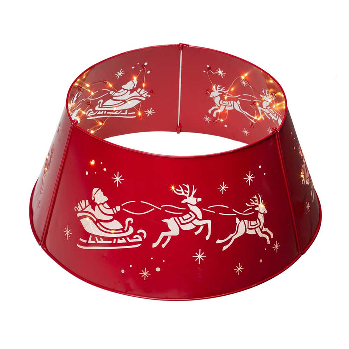 26"D Galvanized Metal Santa on Sleigh Tree Collar with Light String
