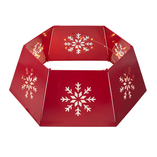 26"D Red Hexagonal Metal Cutout Snowflake Tree Collar with Light String