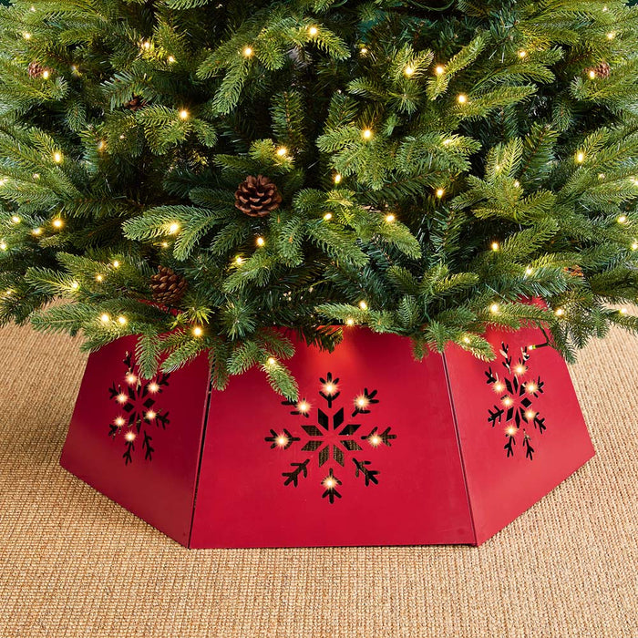 26"D Red Hexagonal Metal Cutout Snowflake Tree Collar with Light String