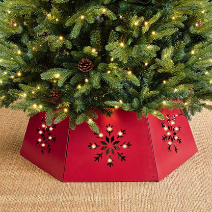 26"D Red Hexagonal Metal Cutout Snowflake Tree Collar with Light String