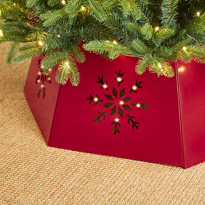 26"D Red Hexagonal Metal Cutout Snowflake Tree Collar with Light String