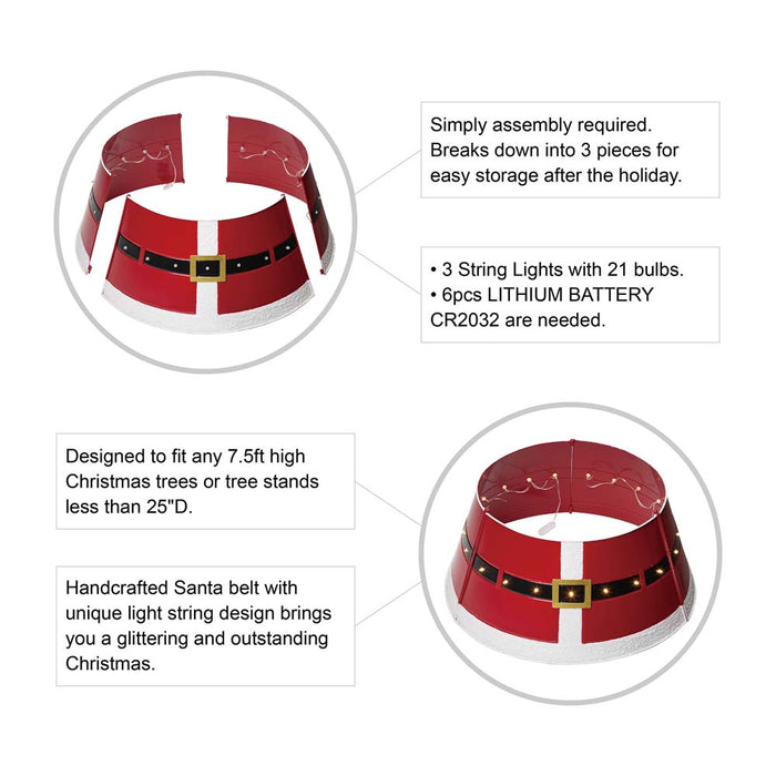 26"D Red Metal Santa Belt Tree Collar with Light String