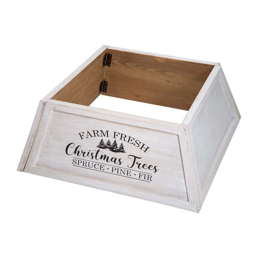 26"L Washed White Wooden Trapezoid Farm Fresh Christmas Tree Collar