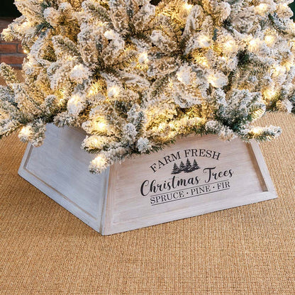 26"L Washed White Wooden Trapezoid Farm Fresh Christmas Tree Collar
