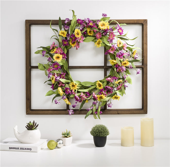 28"H Wooden Window Frame with 24"D Artificial Chrysanthemum Wreath