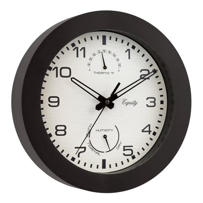 Right-facing 29005 10-inch Waylon indoor outdoor wall clock with temperature and humidity, featuring a linen design dial with a dark brown frame, stylized cut-out hour and minute hands, and a second hand
