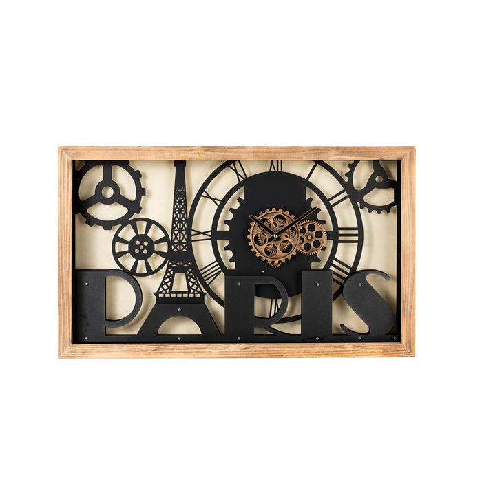 30.00"L Industrial Metal/Wood Eiffel Tower Silhouette Gear Wall Clock (without glass)