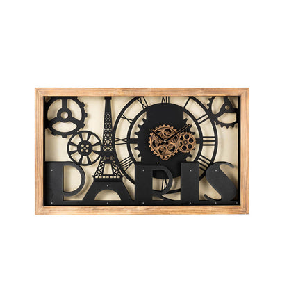 30.00"L Industrial Metal/Wood Eiffel Tower Silhouette Gear Wall Clock (without glass)