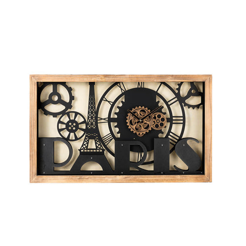 30.00"L Industrial Metal/Wood Eiffel Tower Silhouette Gear Wall Clock (without glass)