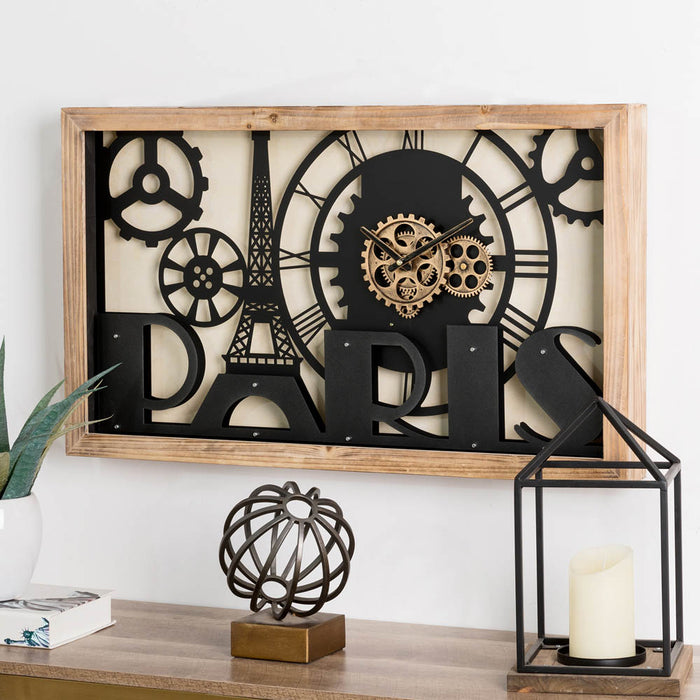30.00"L Industrial Metal/Wood Eiffel Tower Silhouette Gear Wall Clock (without glass)