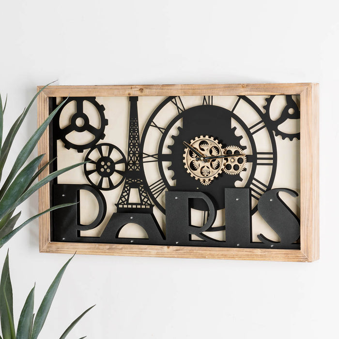 30.00"L Industrial Metal/Wood Eiffel Tower Silhouette Gear Wall Clock (without glass)