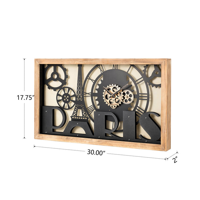 30.00"L Industrial Metal/Wood Eiffel Tower Silhouette Gear Wall Clock (without glass)