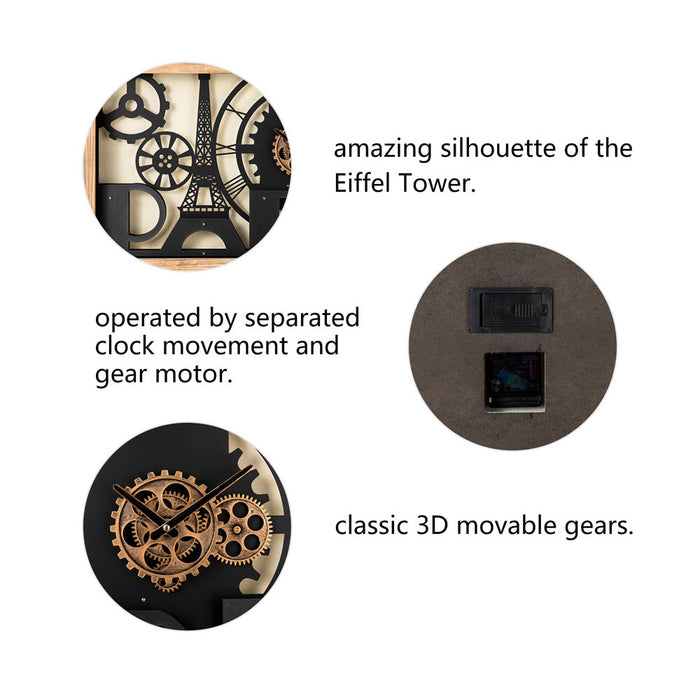 30.00"L Industrial Metal/Wood Eiffel Tower Silhouette Gear Wall Clock (without glass)