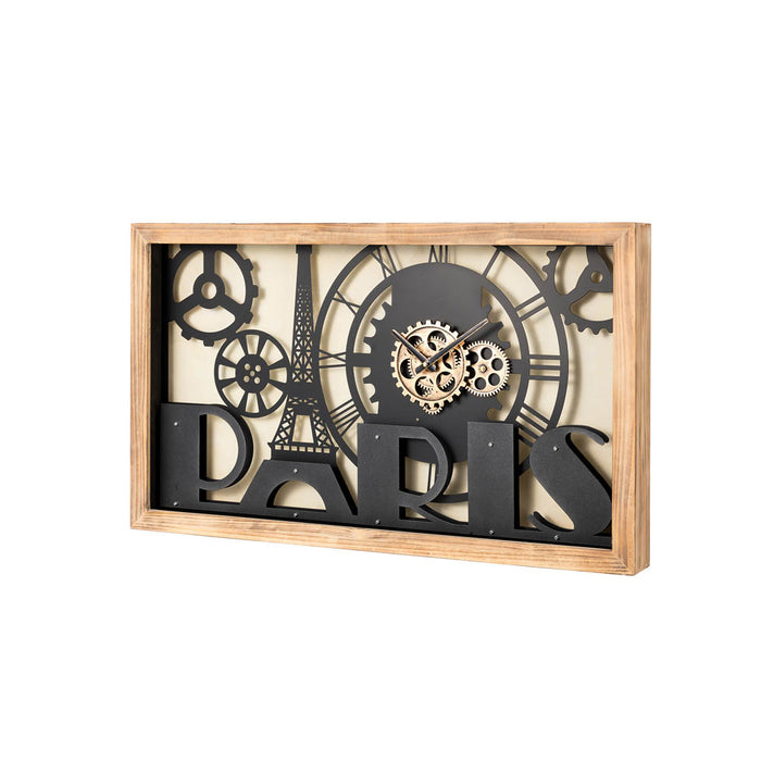 30.00"L Industrial Metal/Wood Eiffel Tower Silhouette Gear Wall Clock (without glass)