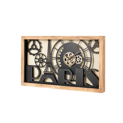 30.00"L Industrial Metal/Wood Eiffel Tower Silhouette Gear Wall Clock (without glass)