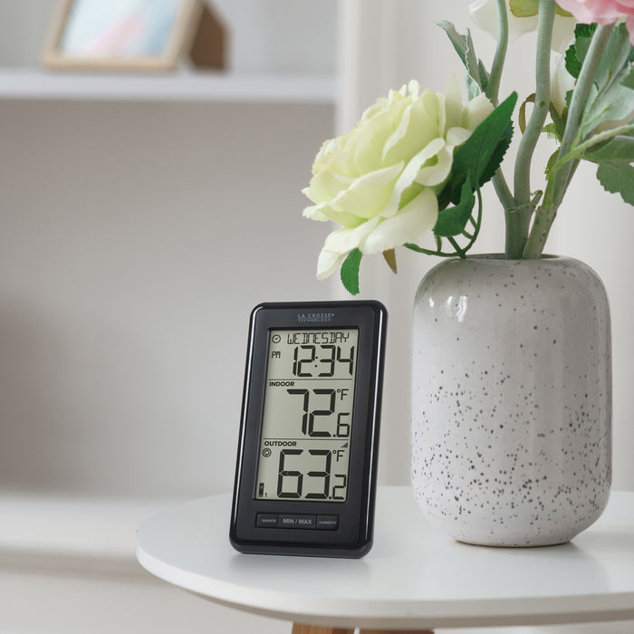 ws-9160 Digital thermometer on a white surface with a vase of flowers in the background