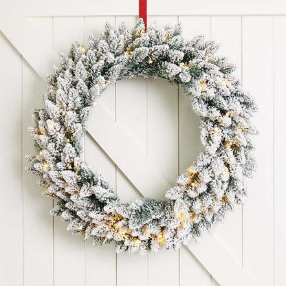 30"D Pre-Lit Snow Flocked Christmas Wreath with 50 Warm White Lights
