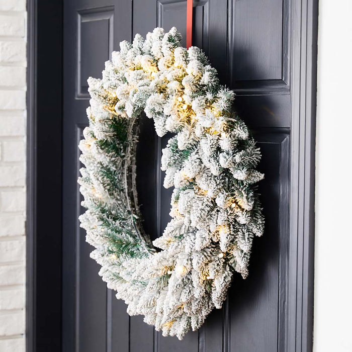 30"D Pre-Lit Snow Flocked Christmas Wreath with 50 Warm White Lights