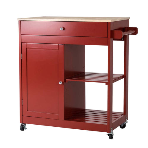 34.25"H Red Wooden Basic Kitchen Cart/Island with Solid Oak Top