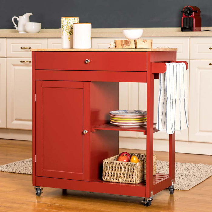 34.25"H Red Wooden Basic Kitchen Cart/Island with Solid Oak Top