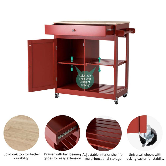 34.25"H Red Wooden Basic Kitchen Cart/Island with Solid Oak Top