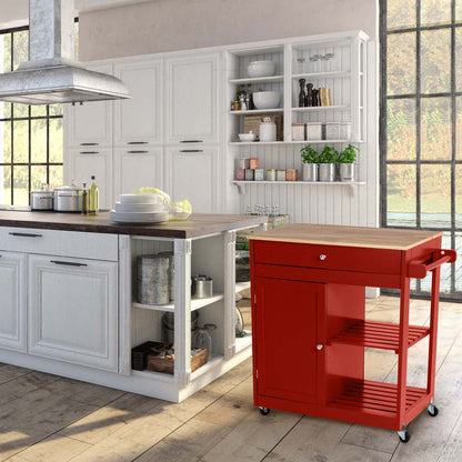 34.25"H Red Wooden Basic Kitchen Cart/Island with Solid Oak Top