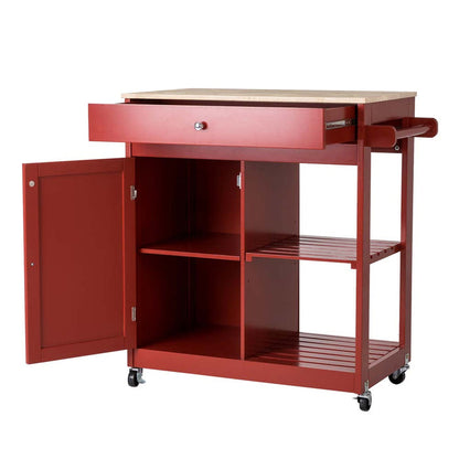34.25"H Red Wooden Basic Kitchen Cart/Island with Solid Oak Top