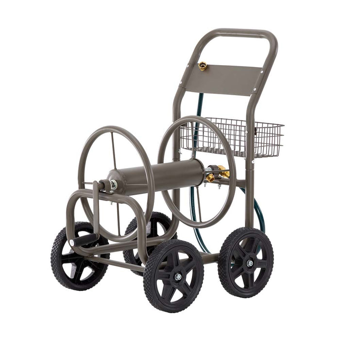 36"H Gray Steel Garden Hose Reel Cart with Wheels and Steel Basket