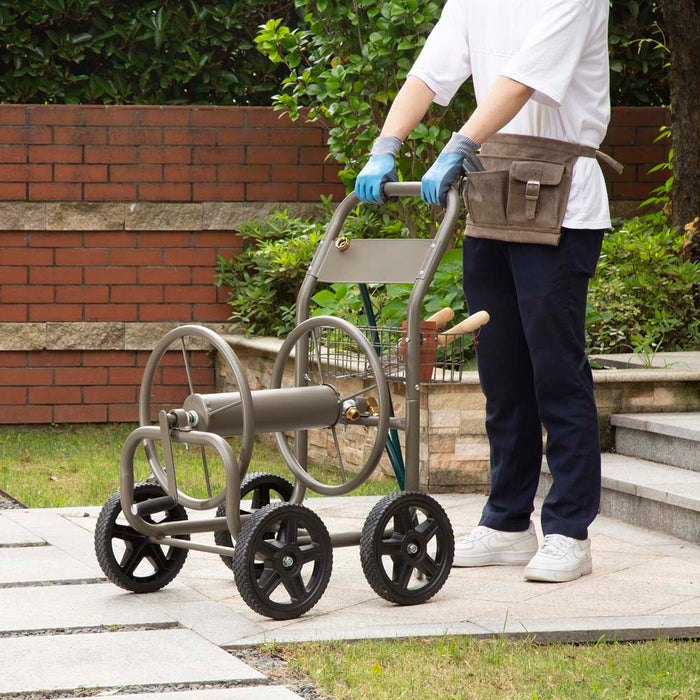 36"H Gray Steel Garden Hose Reel Cart with Wheels and Steel Basket