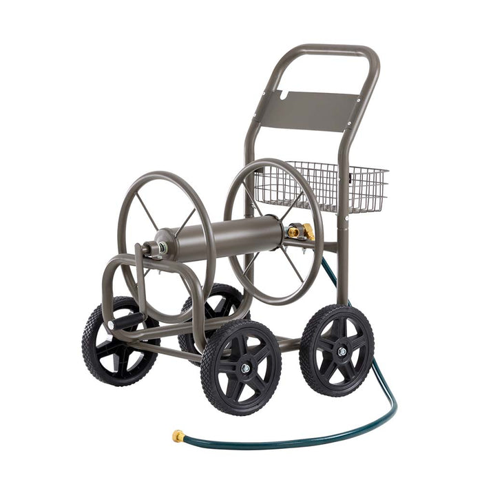 36"H Gray Steel Garden Hose Reel Cart with Wheels and Steel Basket