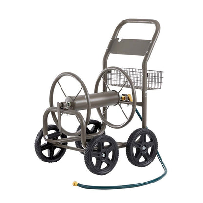 36"H Gray Steel Garden Hose Reel Cart with Wheels and Steel Basket