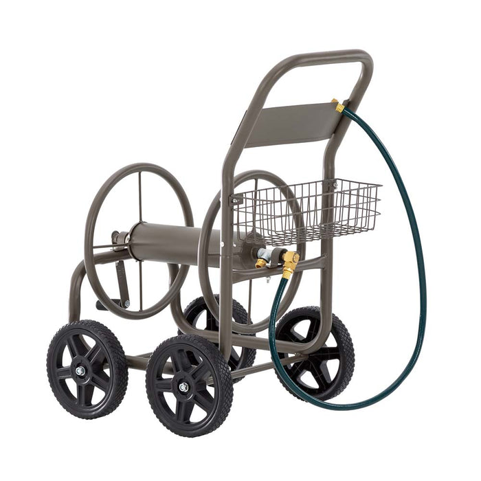 36"H Gray Steel Garden Hose Reel Cart with Wheels and Steel Basket