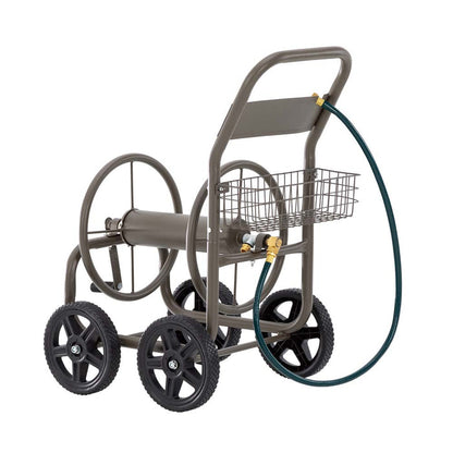 36"H Gray Steel Garden Hose Reel Cart with Wheels and Steel Basket