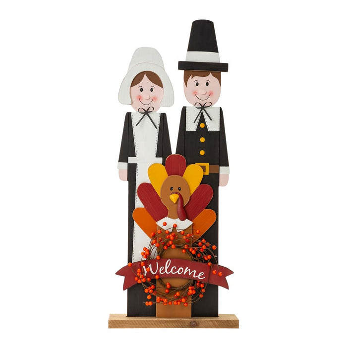 36"H Thanksgiving Wooden Pilgrim Couple Poch Décor