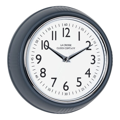 Right-facing image of the 404-3024DS 9.5-inch Diner Clock – Dark Slate. The clock features a retro-style dark slate frame with a white dial, chrome bezel, black numbers and minute markings, black metal hands, and a silver second hand.