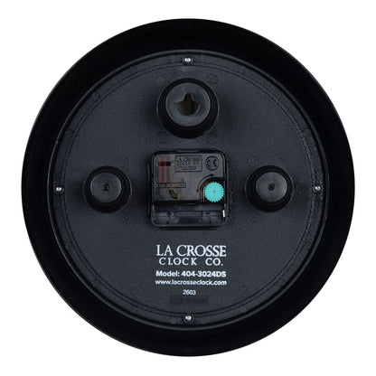 Back image of the 404-3024DS 9.5-inch Diner Clock – Dark Slate, showing the battery compartment, the silent sweep quartz movement, and the hanging hole.