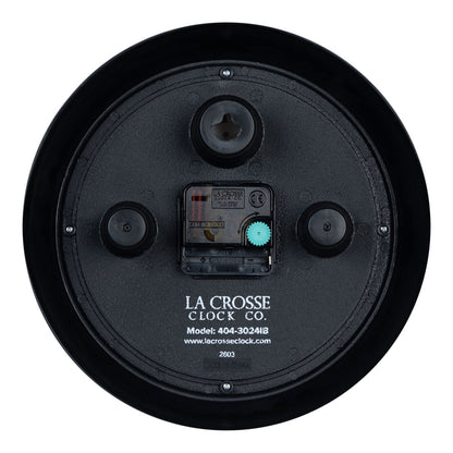 Back image of the 404-3024IB 9.5-inch Diner Clock – Indigo Blue, showing the battery compartment, the silent sweep quartz movement, and the hanging hole.