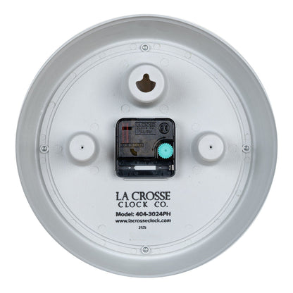 Back image of the 404-3024PH 9.5-inch Diner Clock – Pistachio Green, showing the battery compartment, the quartz movement, and the hanging hole.