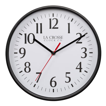 404-3025B 10-inch Basic Decor Wall Clock with a Black frame, white dial with black numbers, hour, and minute hands, and a red second hand