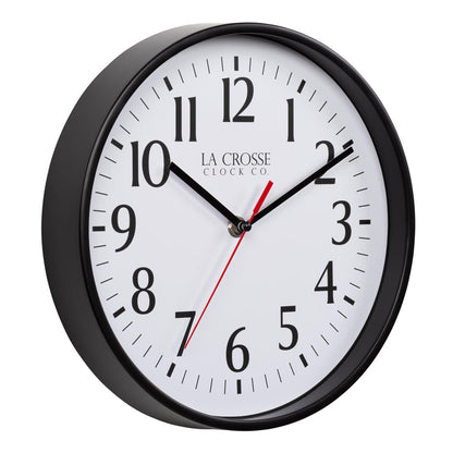 Right facing image of the 404-3025B 10-inch Basic Decor Wall Clock with a Black frame, white dial, black numbers, hour, and minute hands, with a red second hand