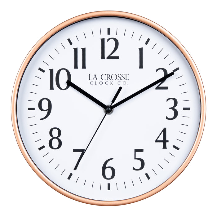 404-3025C 10-inch Basic Decor Wall Clock with Copper metallic design frame white dial with black numbers and hour, minute and second hands