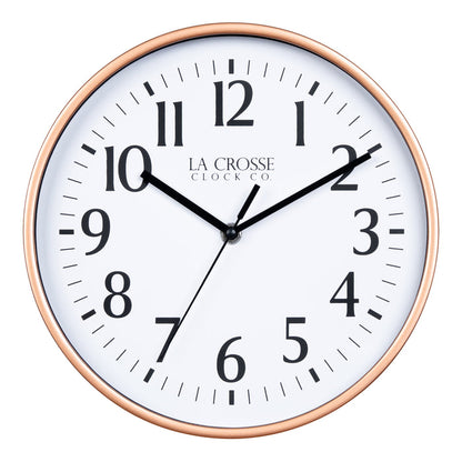 404-3025C 10-inch Basic Decor Wall Clock with Copper metallic design frame white dial with black numbers and hour, minute and second hands