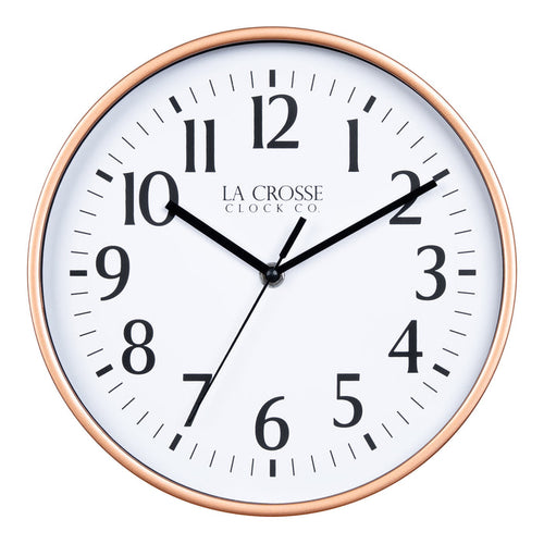 404-3025C 10-inch Basic Decor Wall Clock with Copper metallic design frame white dial with black numbers and hour, minute and second hands